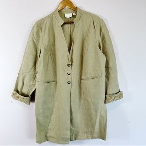 100% Natural Linen CHICOS Band Collar Minimalist Coat Duster Jacket Blazer L